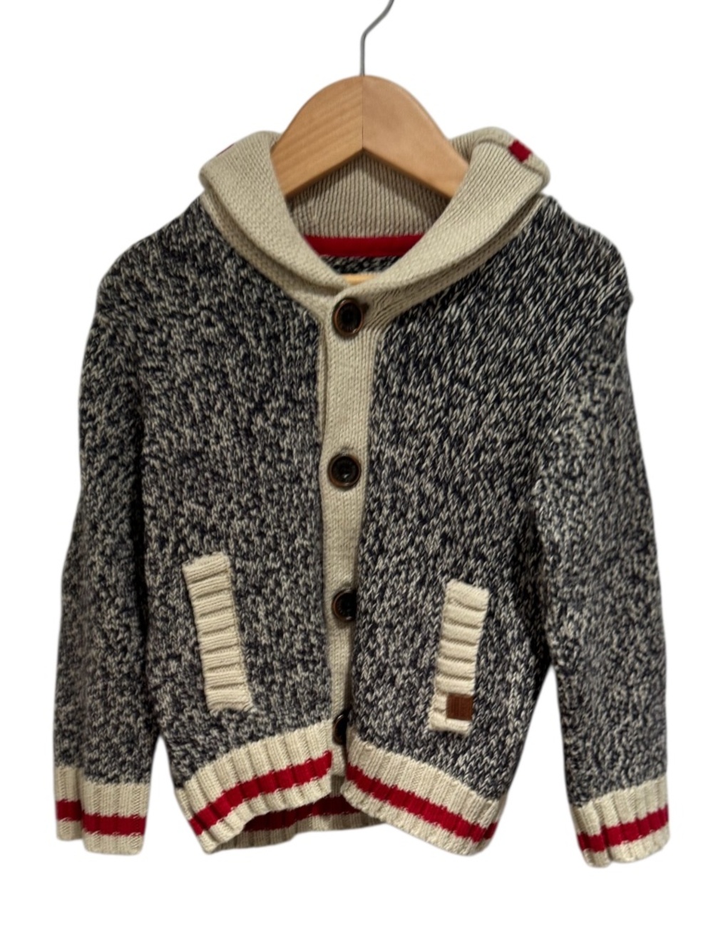 ROOTS grey/cream/red button up knit cardi “cabin” sweater - size 2